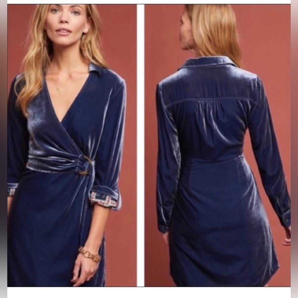Anthropologie Maeve Women's Deep Blue Velvet Wrap Dress Size 6 V-Neck Belted